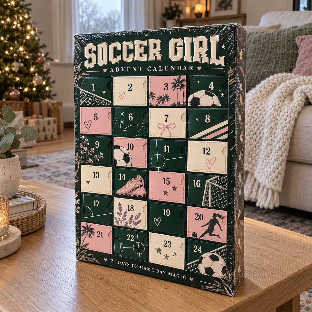 Soccer Girl advent calendar on a living room coffee table