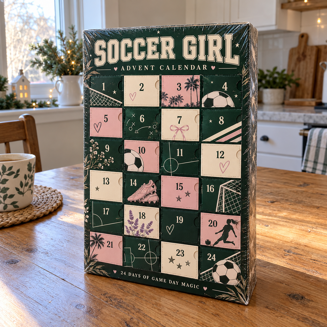 Soccer Girl advent calendar on a kitchen table