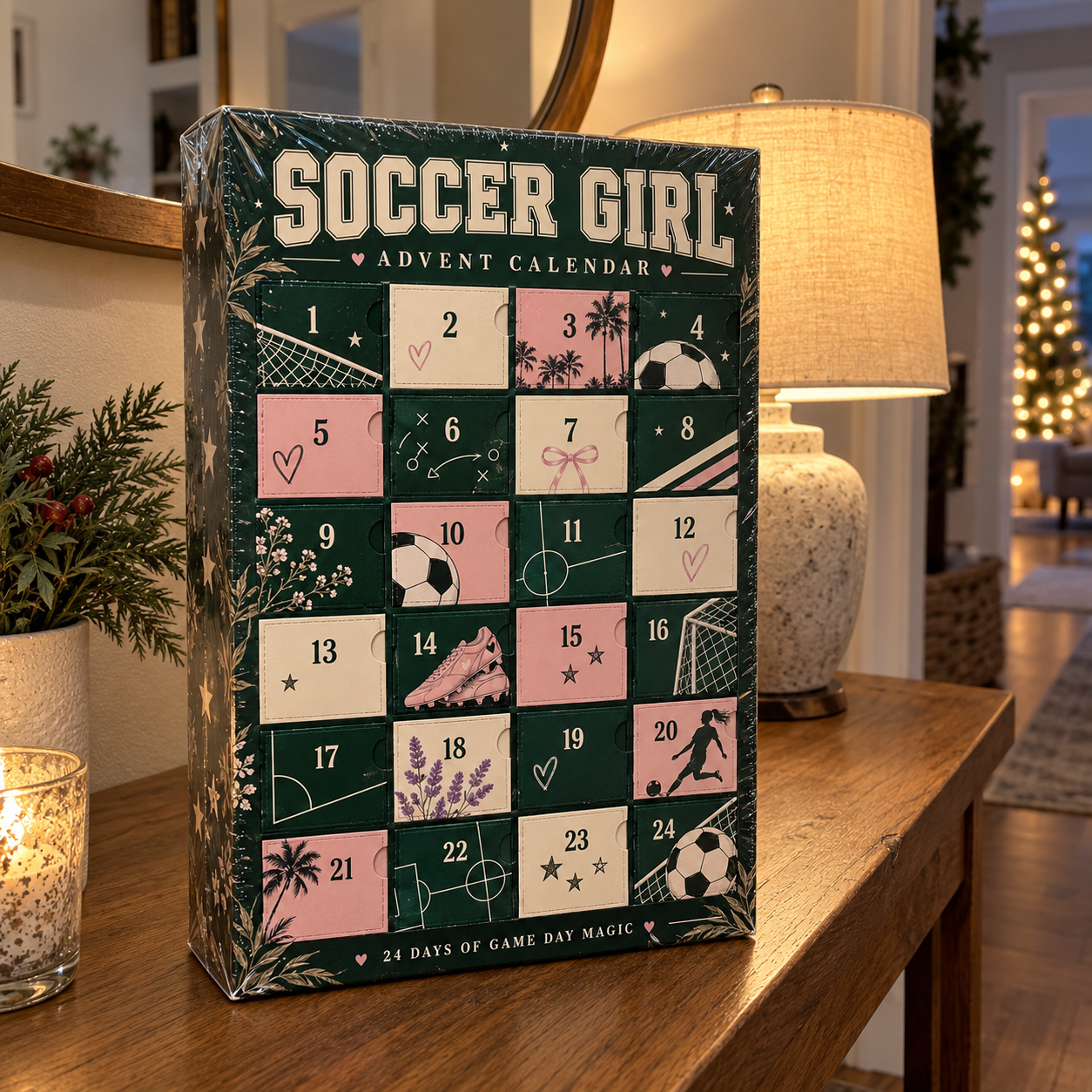 Soccer Girl advent calendar on an entryway table in evening light
